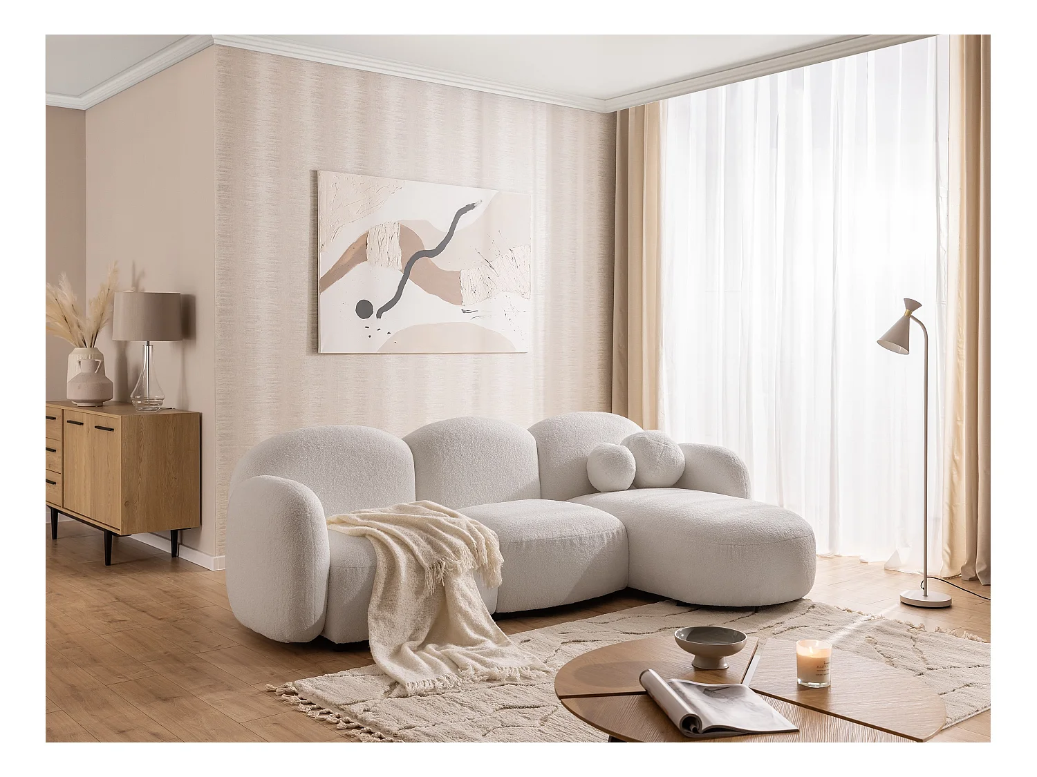 Nuvola - Moderne Ecksofa L-Form aus Weiß Bouclé-Stoff mit abgerundetem Design und hohem Sitzkomfort