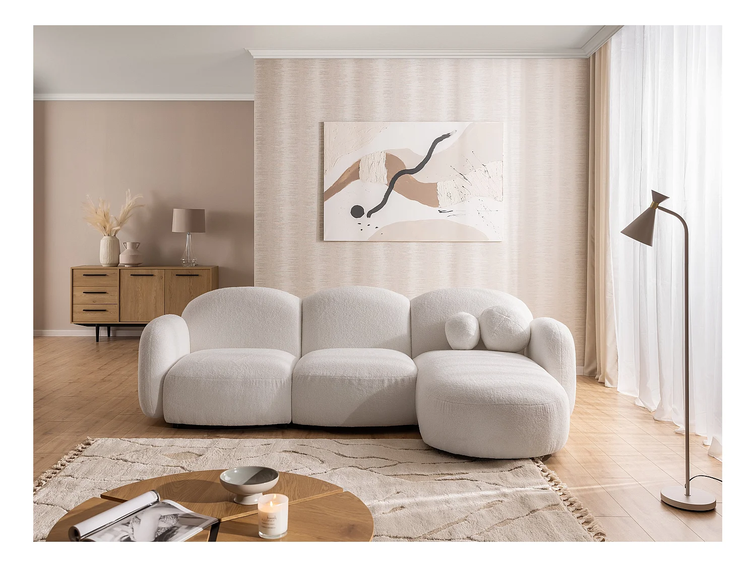 Nuvola - Moderne Ecksofa L-Form aus Weiß Bouclé-Stoff mit abgerundetem Design und hohem Sitzkomfort