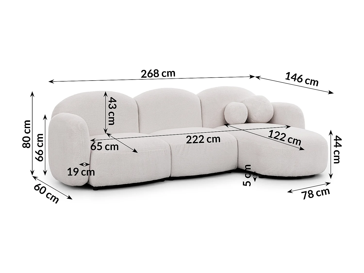 Nuvola - Moderne Ecksofa L-Form aus Weiß Bouclé-Stoff mit abgerundetem Design und hohem Sitzkomfort
