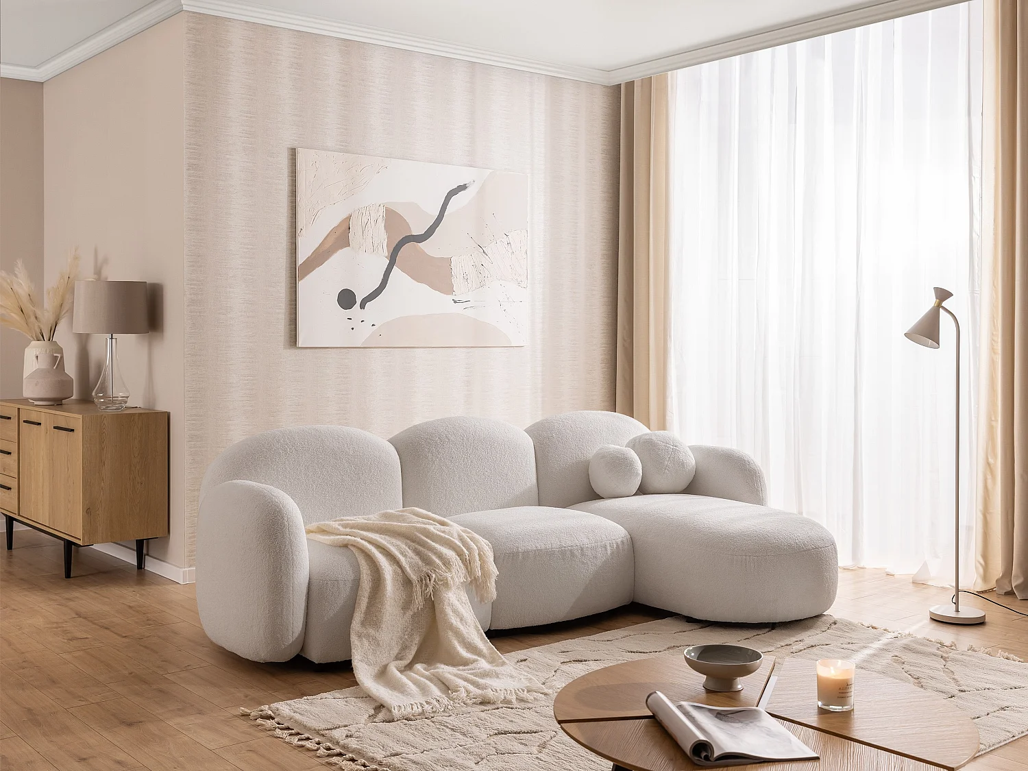 Nuvola - Moderne Ecksofa L-Form aus Weiß Bouclé-Stoff mit abgerundetem Design und hohem Sitzkomfort