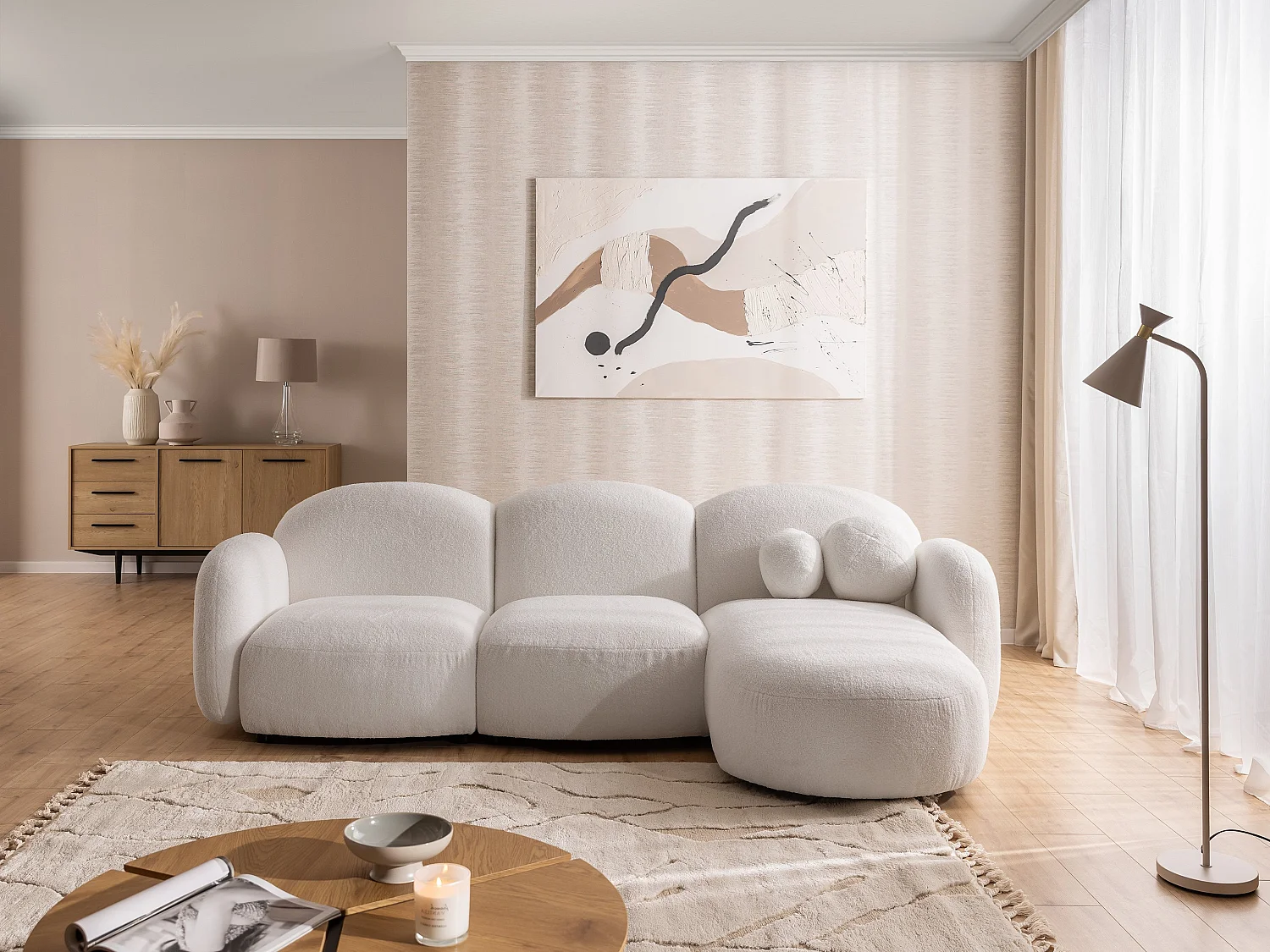 Nuvola - Moderne Ecksofa L-Form aus Weiß Bouclé-Stoff mit abgerundetem Design und hohem Sitzkomfort