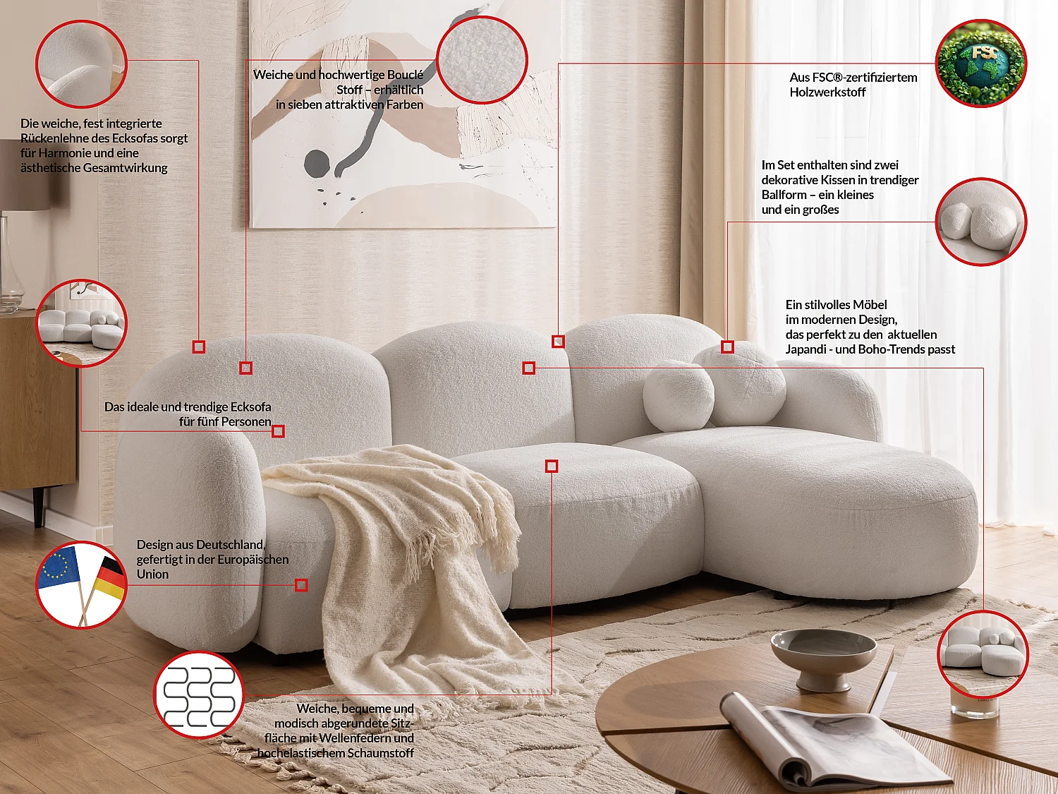 Nuvola - Moderne Ecksofa L-Form aus Weiß Bouclé-Stoff mit abgerundetem Design und hohem Sitzkomfort