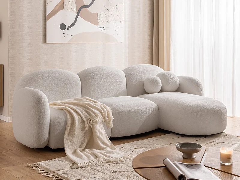 Nuvola - Moderne Ecksofa L-Form aus Weiß Bouclé-Stoff mit abgerundetem Design und hohem Sitzkomfort