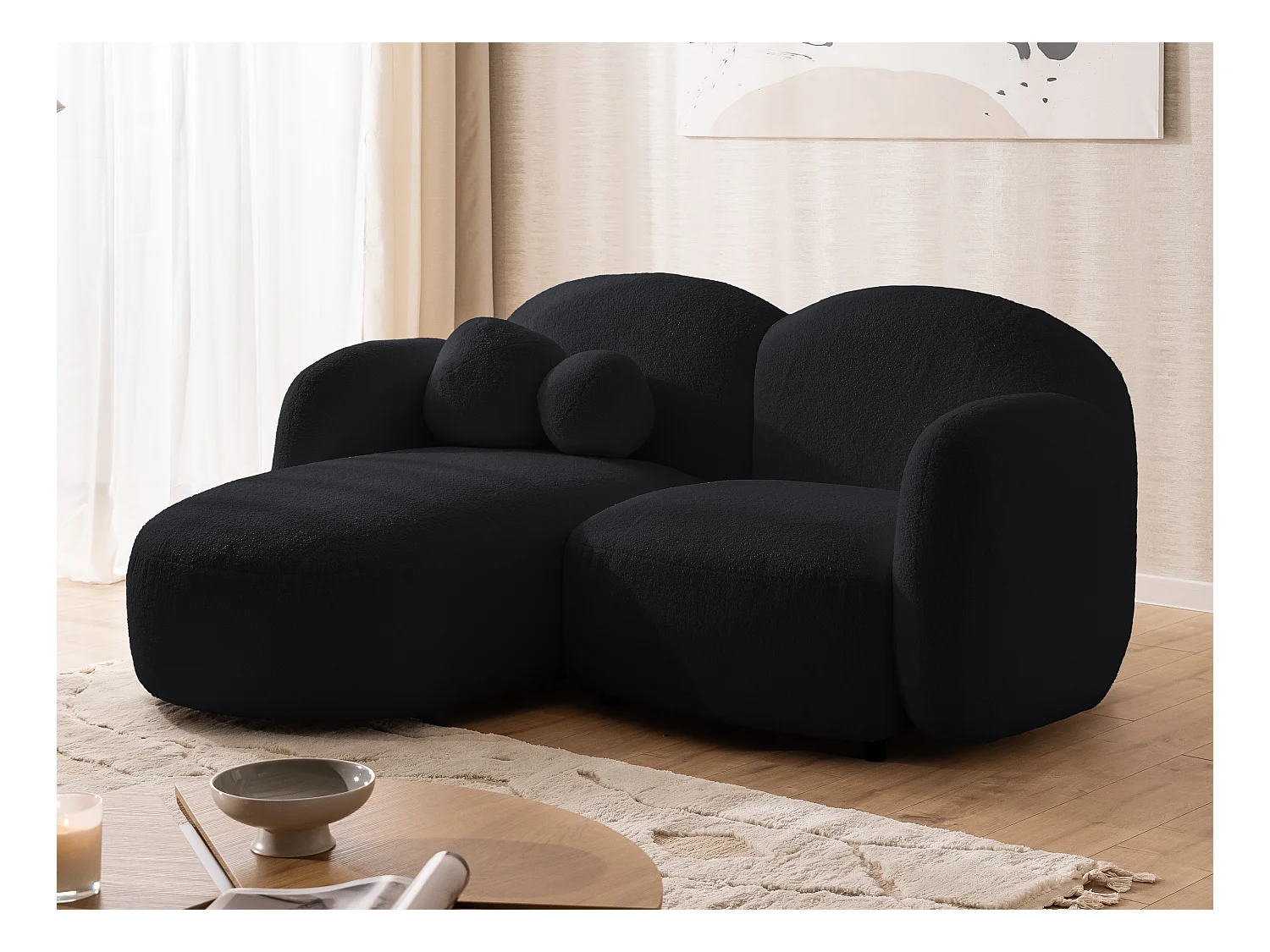 Nuvola - Moderne Ecksofa L-Form aus Schwarz Bouclé-Stoff mit abgerundetem Design und hohem Sitzkomfort