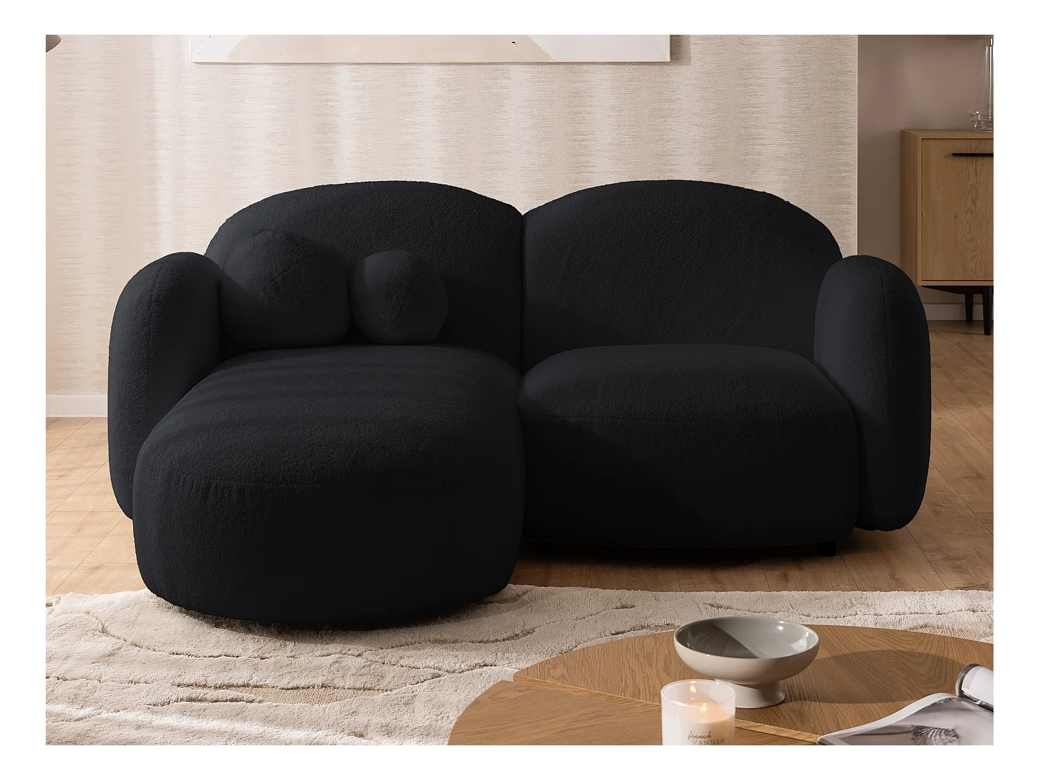 Nuvola - Moderne Ecksofa L-Form aus Schwarz Bouclé-Stoff mit abgerundetem Design und hohem Sitzkomfort