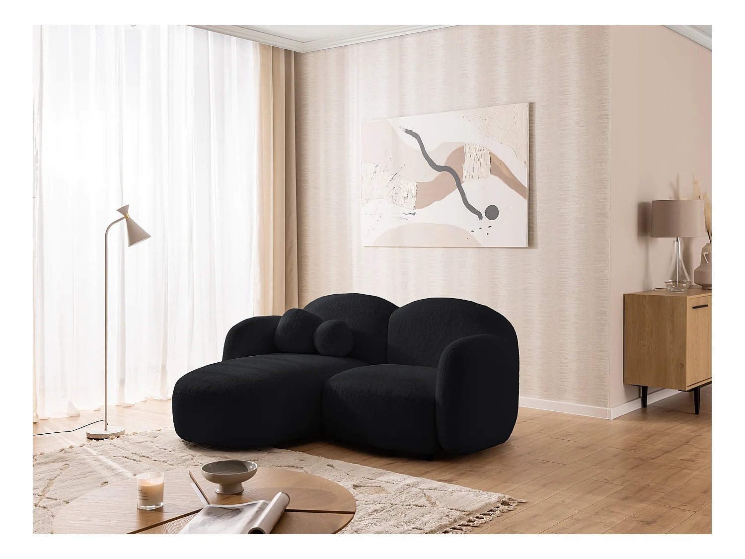 Nuvola - Moderne Ecksofa L-Form aus Schwarz Bouclé-Stoff mit abgerundetem Design und hohem Sitzkomfort