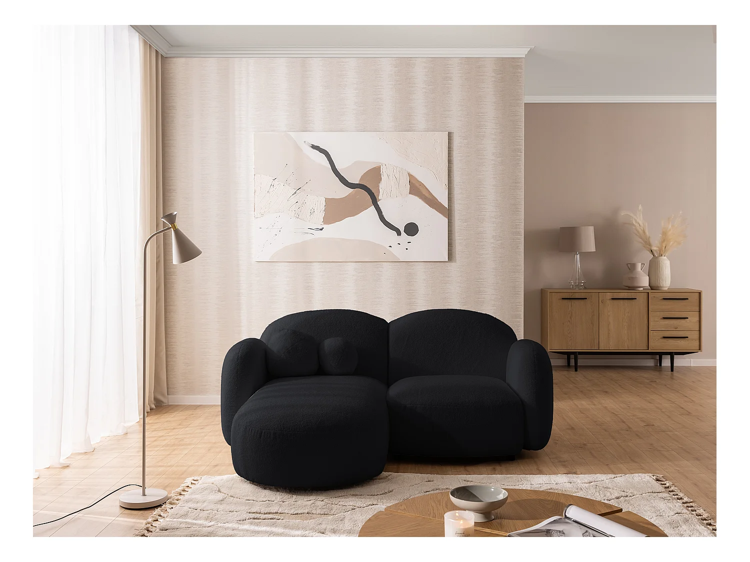 Nuvola - Moderne Ecksofa L-Form aus Schwarz Bouclé-Stoff mit abgerundetem Design und hohem Sitzkomfort