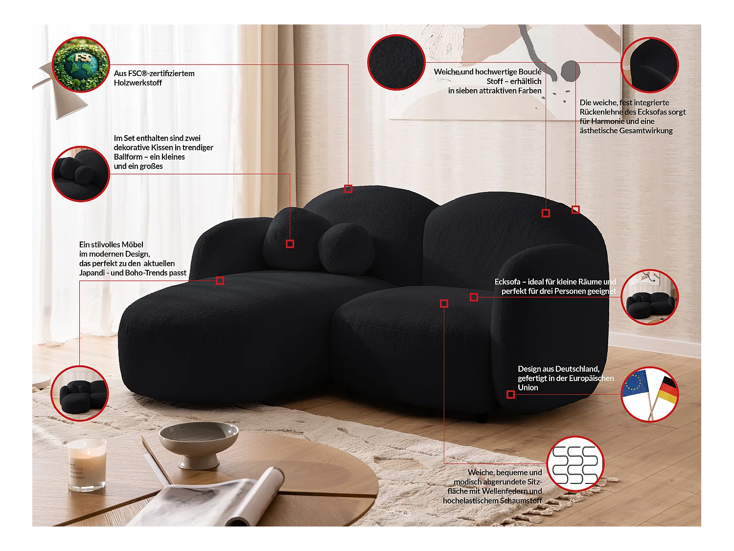 Nuvola - Moderne Ecksofa L-Form aus Schwarz Bouclé-Stoff mit abgerundetem Design und hohem Sitzkomfort