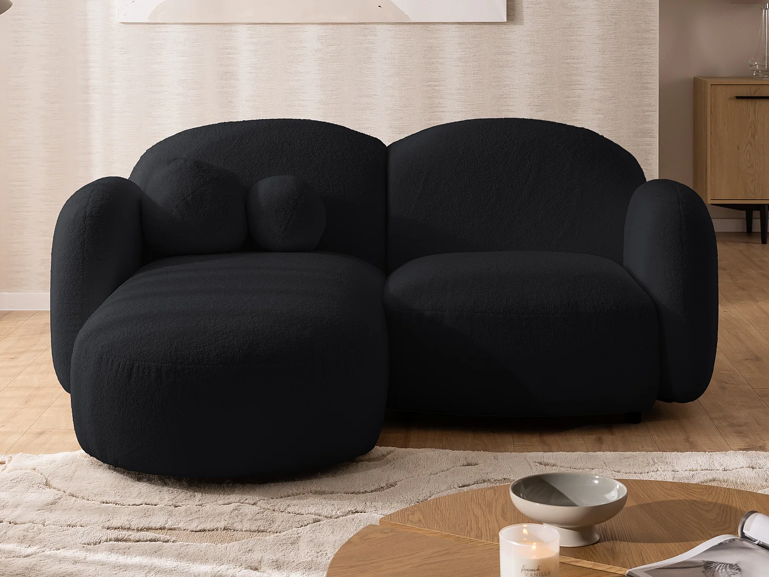 Nuvola - Moderne Ecksofa L-Form aus Schwarz Bouclé-Stoff mit abgerundetem Design und hohem Sitzkomfort
