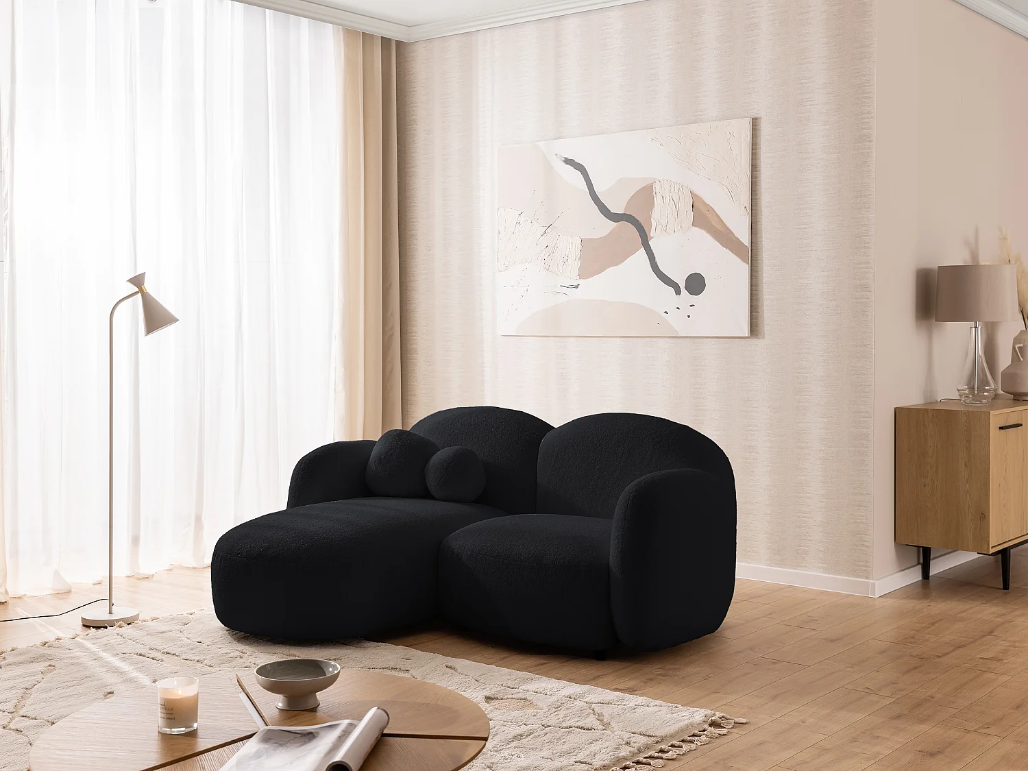 Nuvola - Moderne Ecksofa L-Form aus Schwarz Bouclé-Stoff mit abgerundetem Design und hohem Sitzkomfort