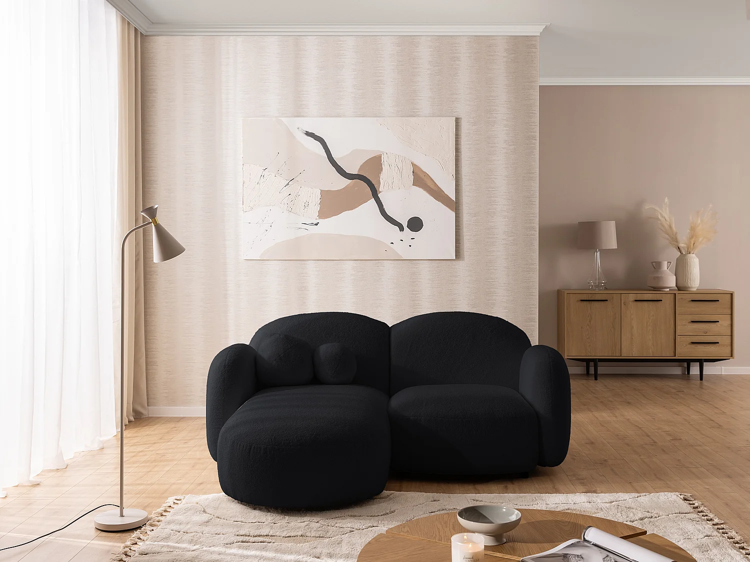 Nuvola - Moderne Ecksofa L-Form aus Schwarz Bouclé-Stoff mit abgerundetem Design und hohem Sitzkomfort