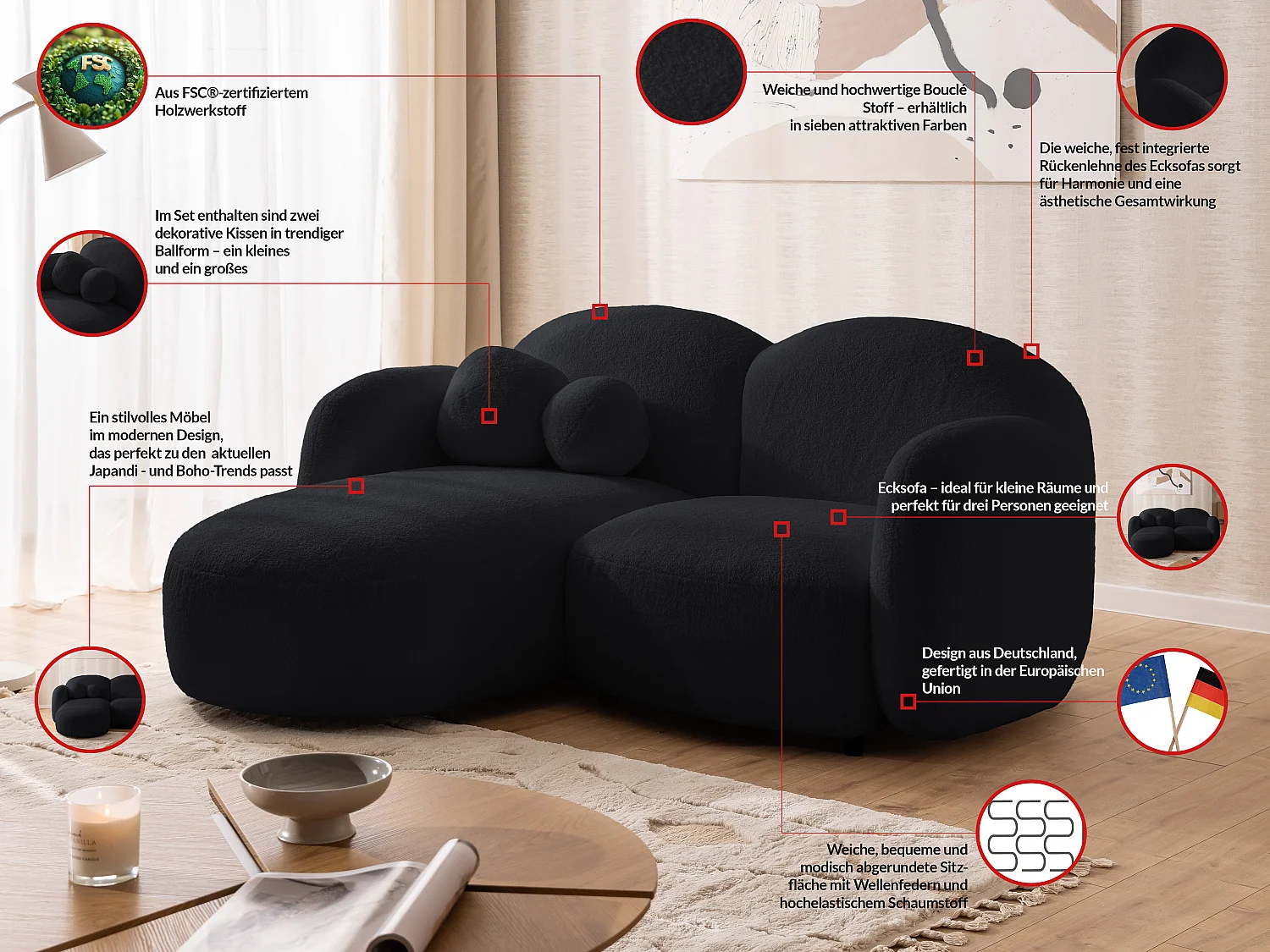 Nuvola - Moderne Ecksofa L-Form aus Schwarz Bouclé-Stoff mit abgerundetem Design und hohem Sitzkomfort