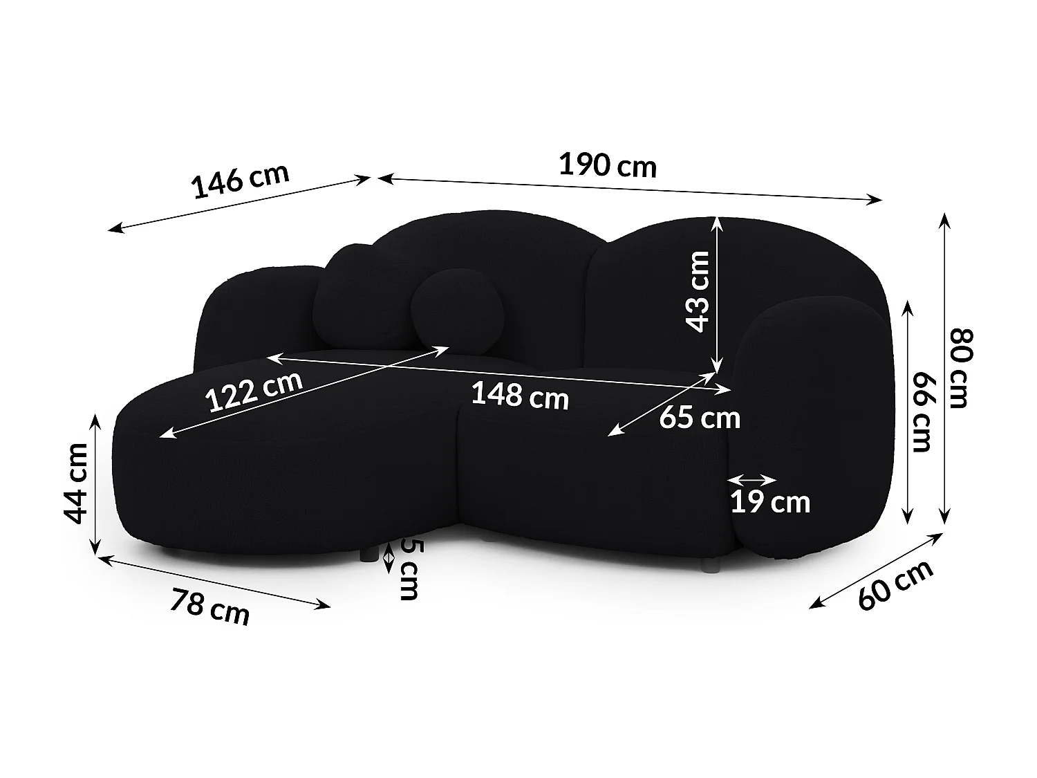 Nuvola - Moderne Ecksofa L-Form aus Schwarz Bouclé-Stoff mit abgerundetem Design und hohem Sitzkomfort