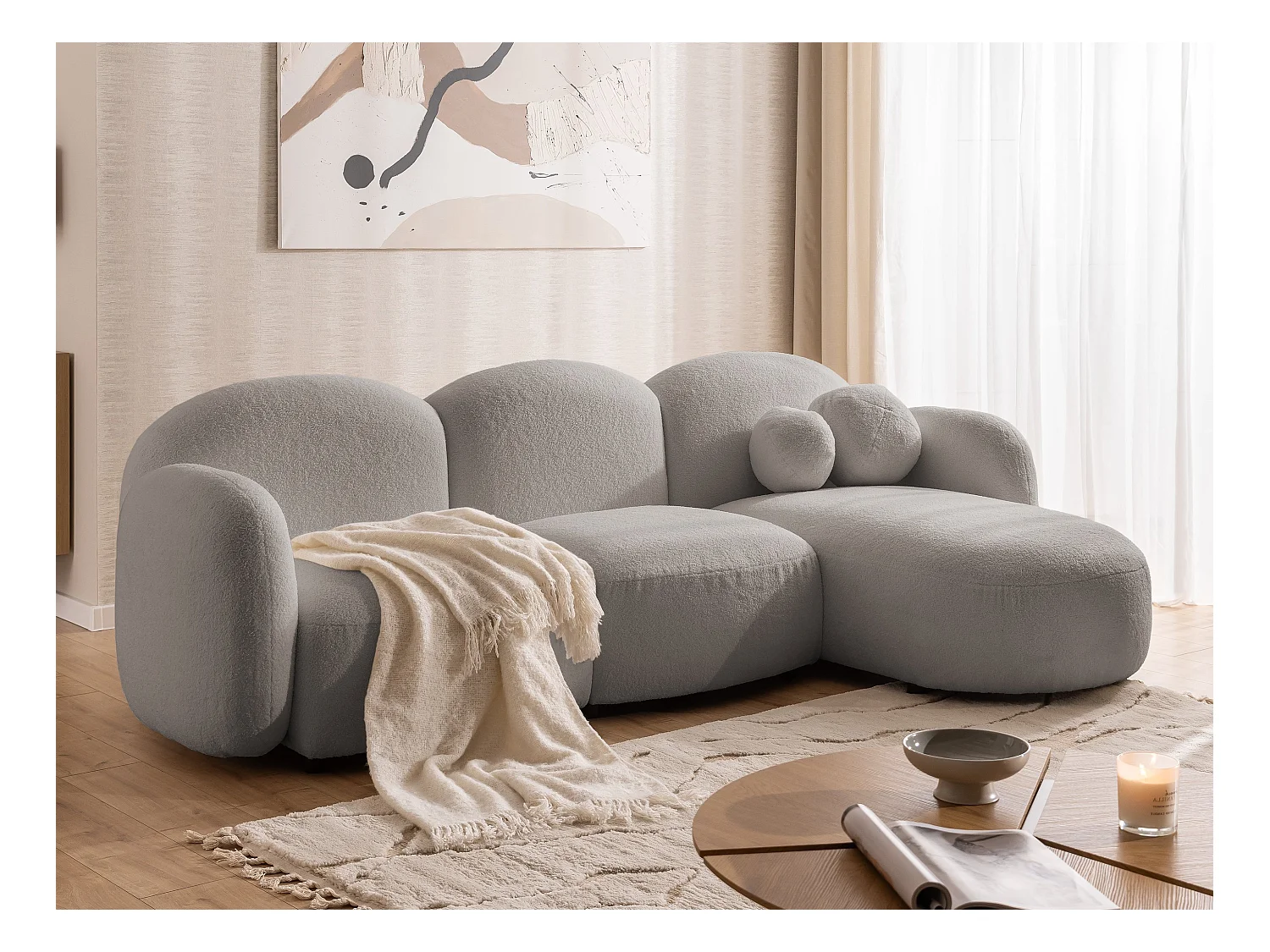 Nuvola - Moderne Ecksofa L-Form aus Hellgrau Bouclé-Stoff mit abgerundetem Design und hohem Sitzkomfort