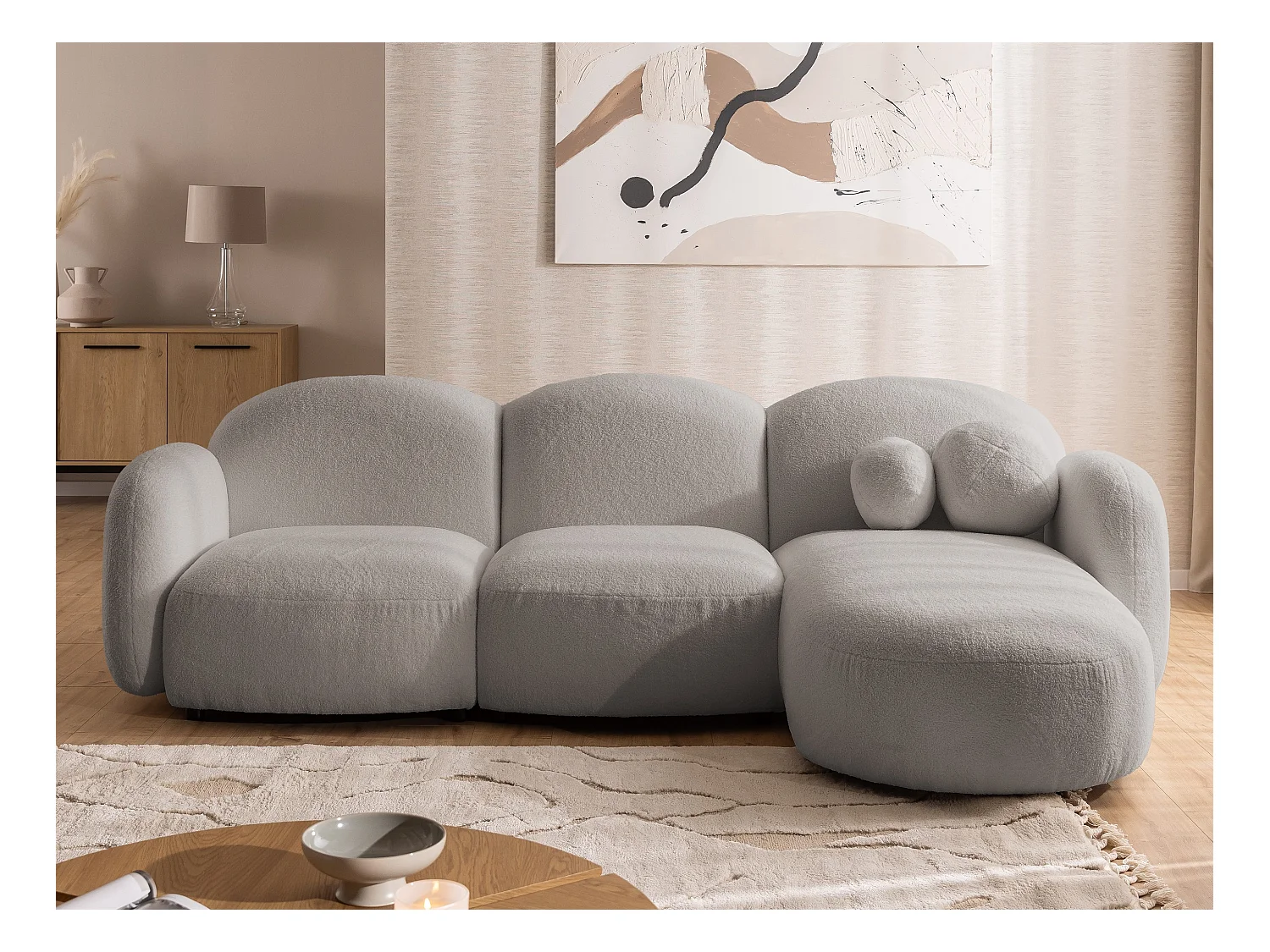 Nuvola - Moderne Ecksofa L-Form aus Hellgrau Bouclé-Stoff mit abgerundetem Design und hohem Sitzkomfort