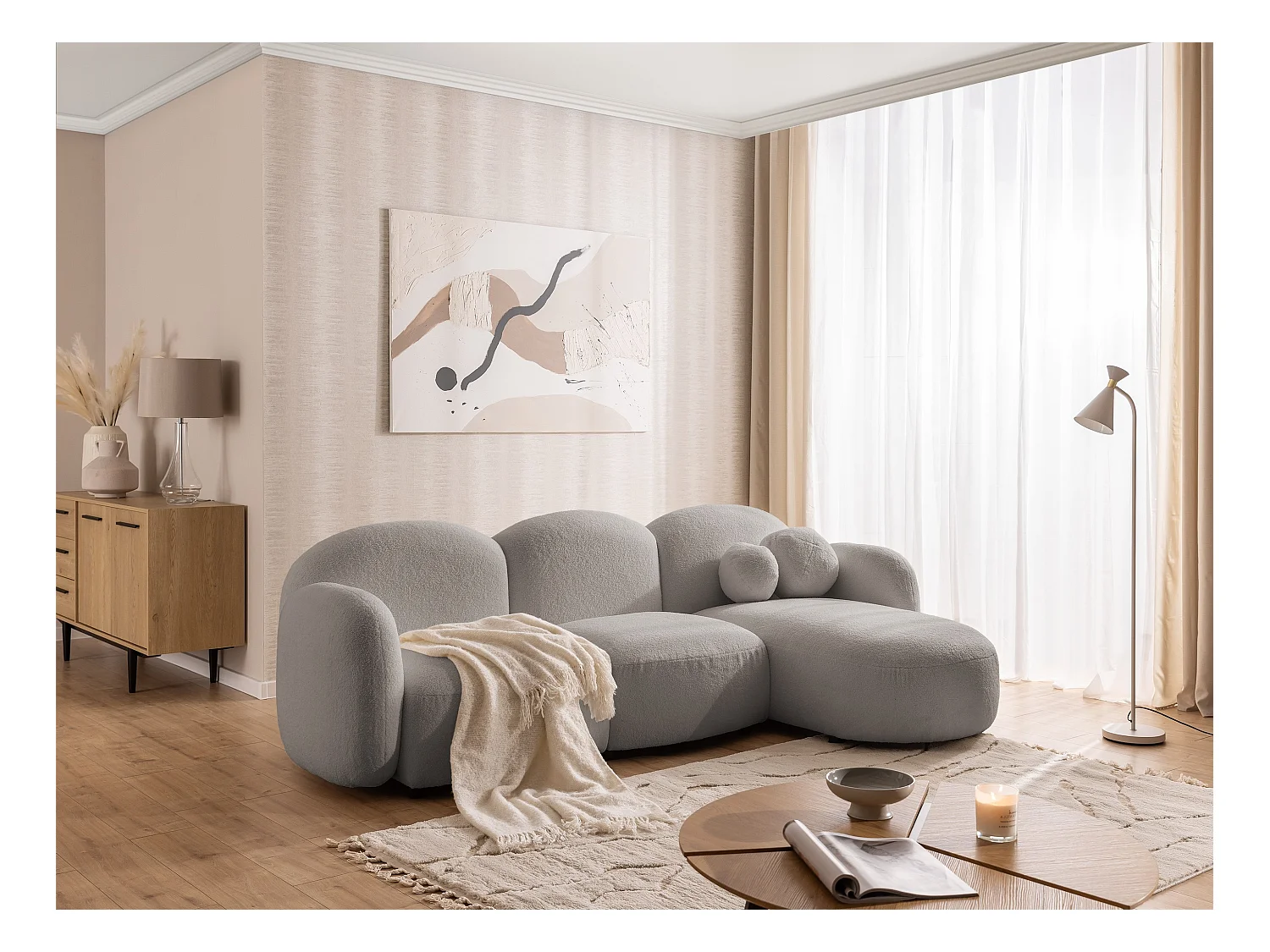 Nuvola - Moderne Ecksofa L-Form aus Hellgrau Bouclé-Stoff mit abgerundetem Design und hohem Sitzkomfort