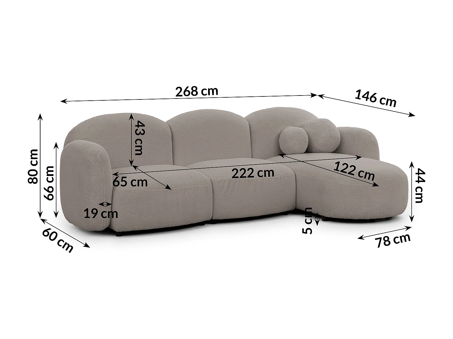 Nuvola - Moderne Ecksofa L-Form aus Hellgrau Bouclé-Stoff mit abgerundetem Design und hohem Sitzkomfort