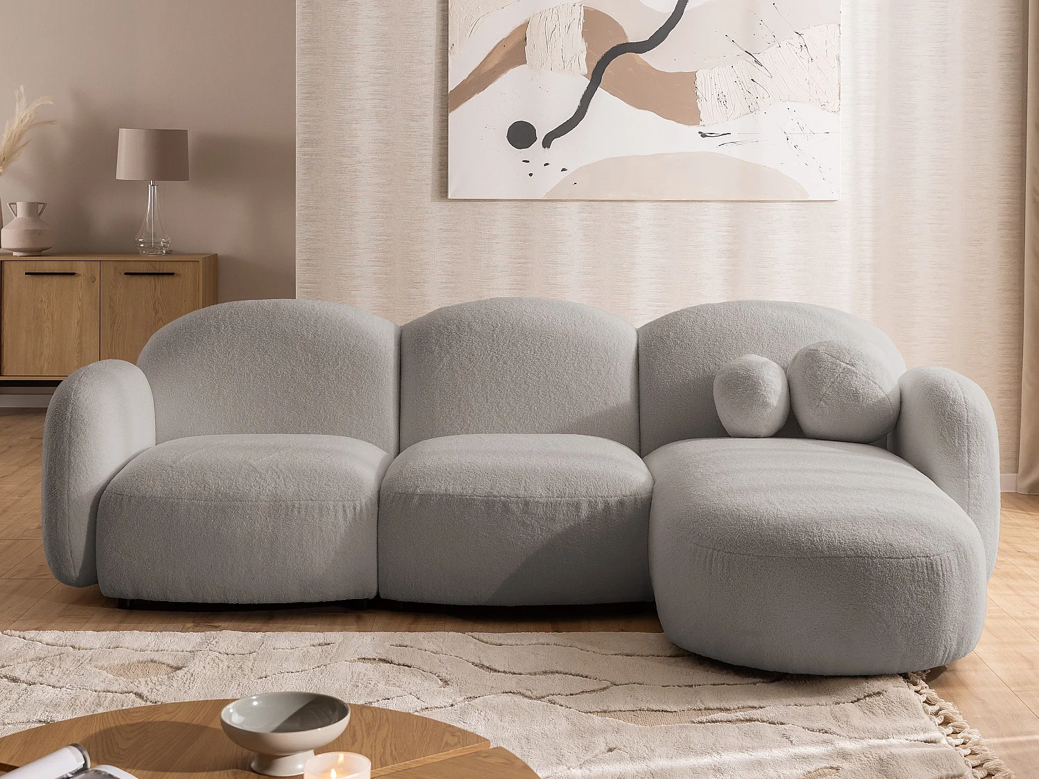Nuvola - Moderne Ecksofa L-Form aus Hellgrau Bouclé-Stoff mit abgerundetem Design und hohem Sitzkomfort