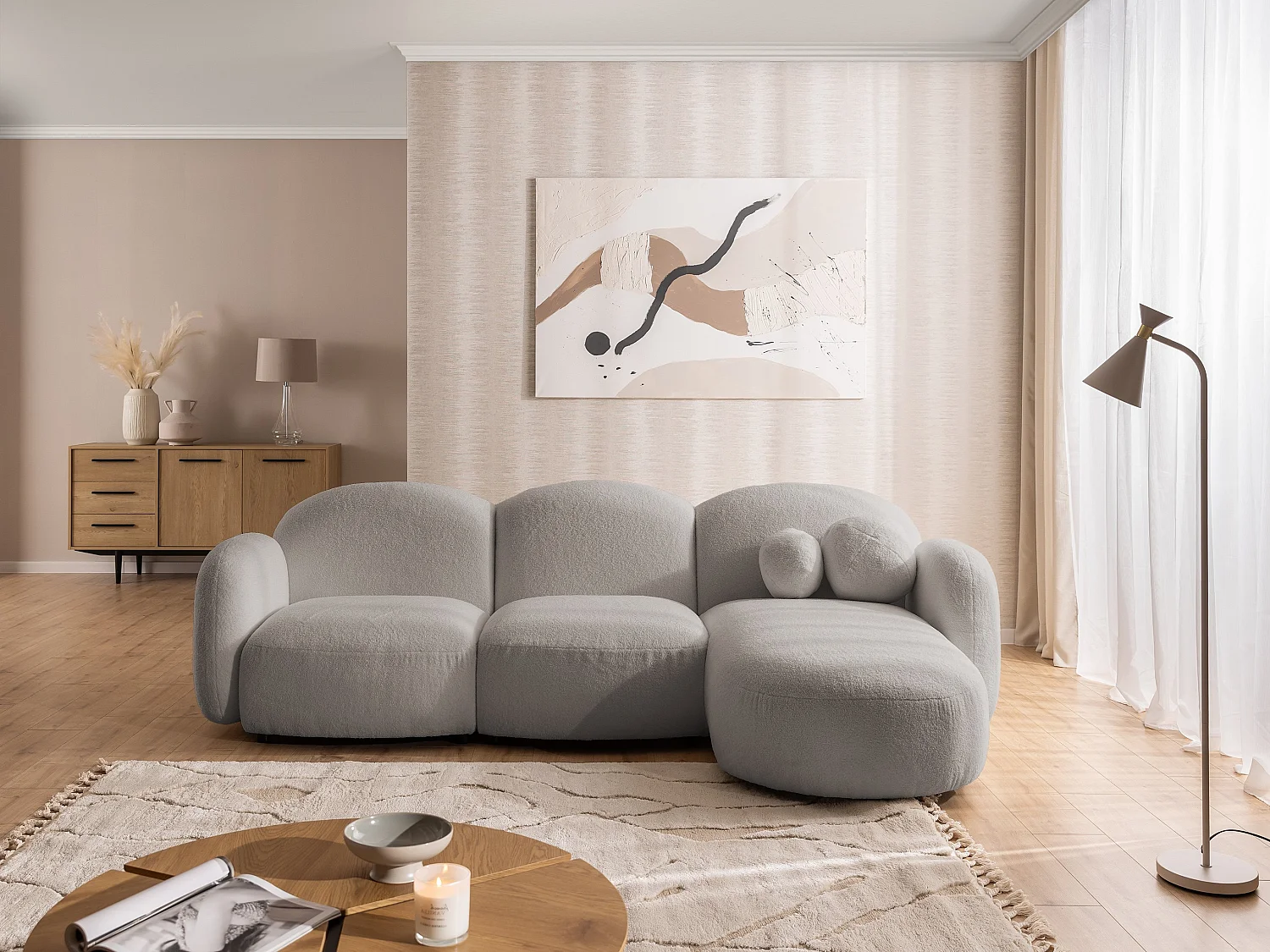 Nuvola - Moderne Ecksofa L-Form aus Hellgrau Bouclé-Stoff mit abgerundetem Design und hohem Sitzkomfort