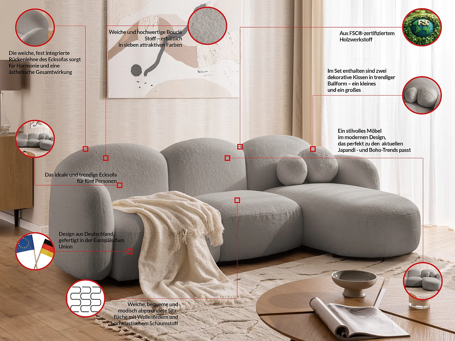 Nuvola - Moderne Ecksofa L-Form aus Hellgrau Bouclé-Stoff mit abgerundetem Design und hohem Sitzkomfort