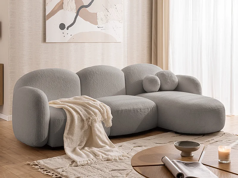 Nuvola - Moderne Ecksofa L-Form aus Hellgrau Bouclé-Stoff mit abgerundetem Design und hohem Sitzkomfort