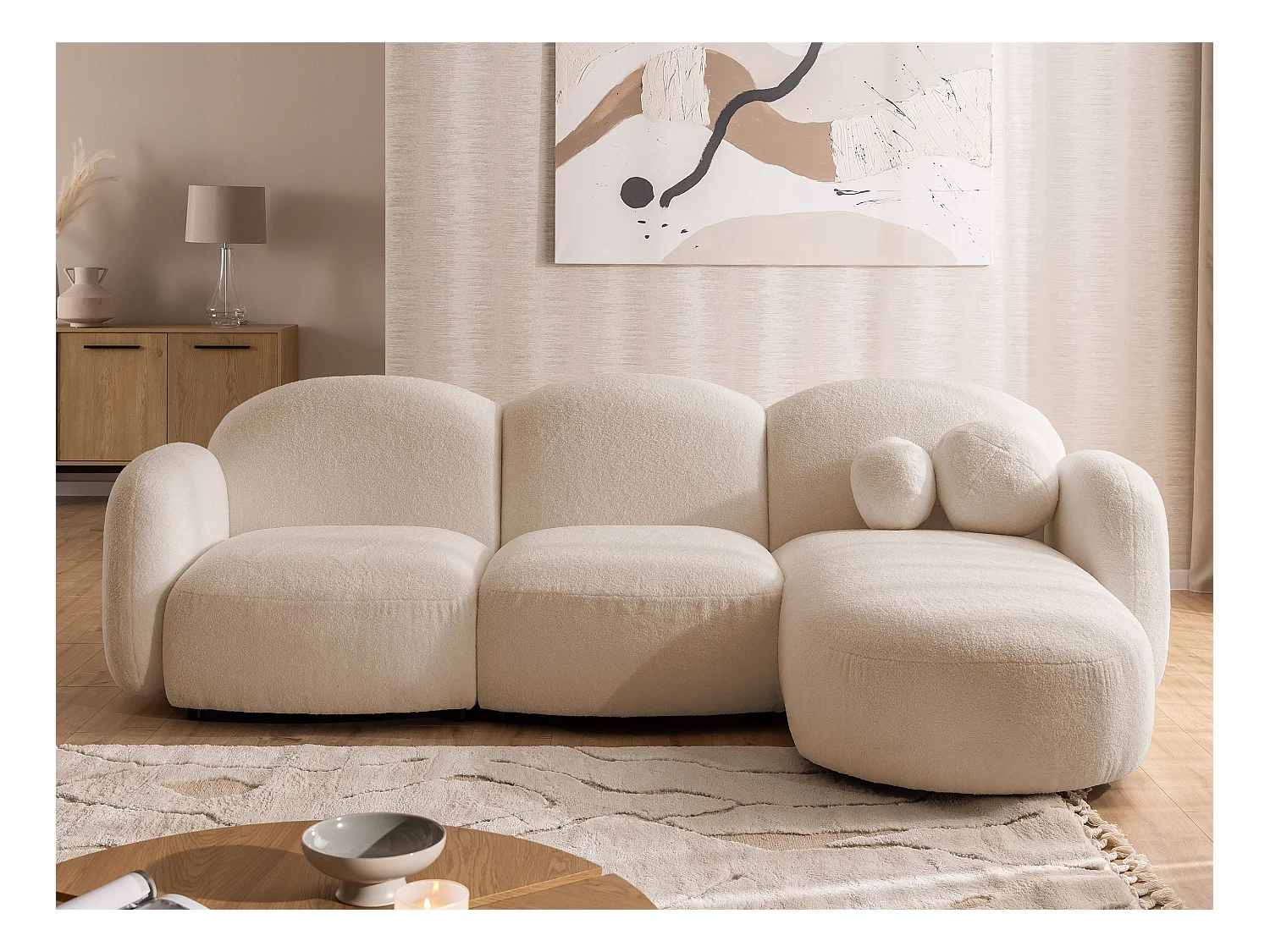 Nuvola - Moderne Ecksofa L-Form aus Hellbeige Bouclé-Stoff mit abgerundetem Design und hohem Sitzkomfort