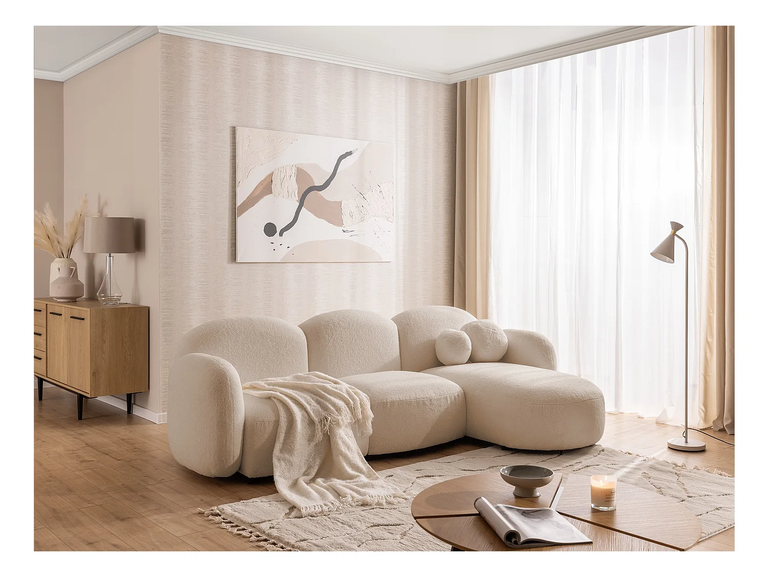 Nuvola - Moderne Ecksofa L-Form aus Hellbeige Bouclé-Stoff mit abgerundetem Design und hohem Sitzkomfort