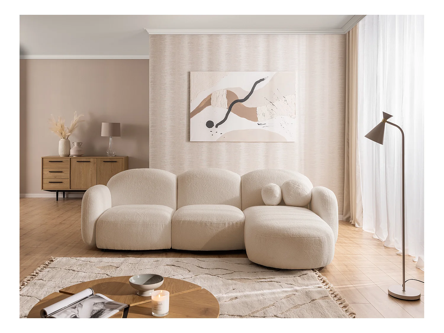 Nuvola - Moderne Ecksofa L-Form aus Hellbeige Bouclé-Stoff mit abgerundetem Design und hohem Sitzkomfort