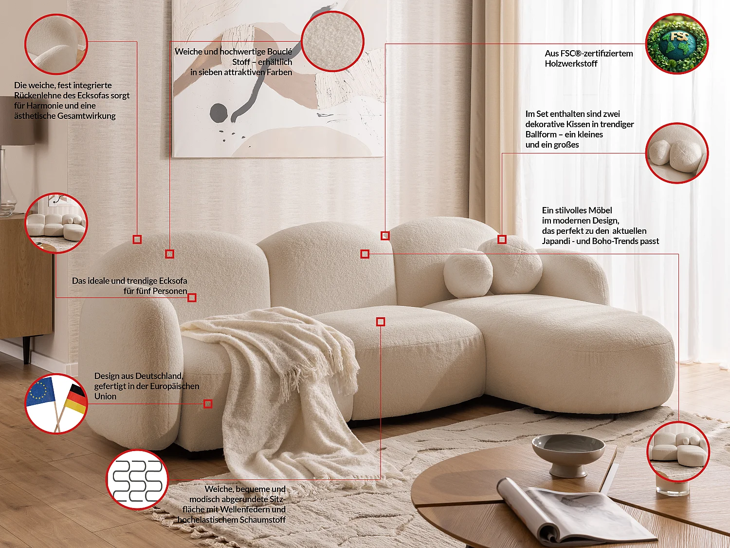 Nuvola - Moderne Ecksofa L-Form aus Hellbeige Bouclé-Stoff mit abgerundetem Design und hohem Sitzkomfort
