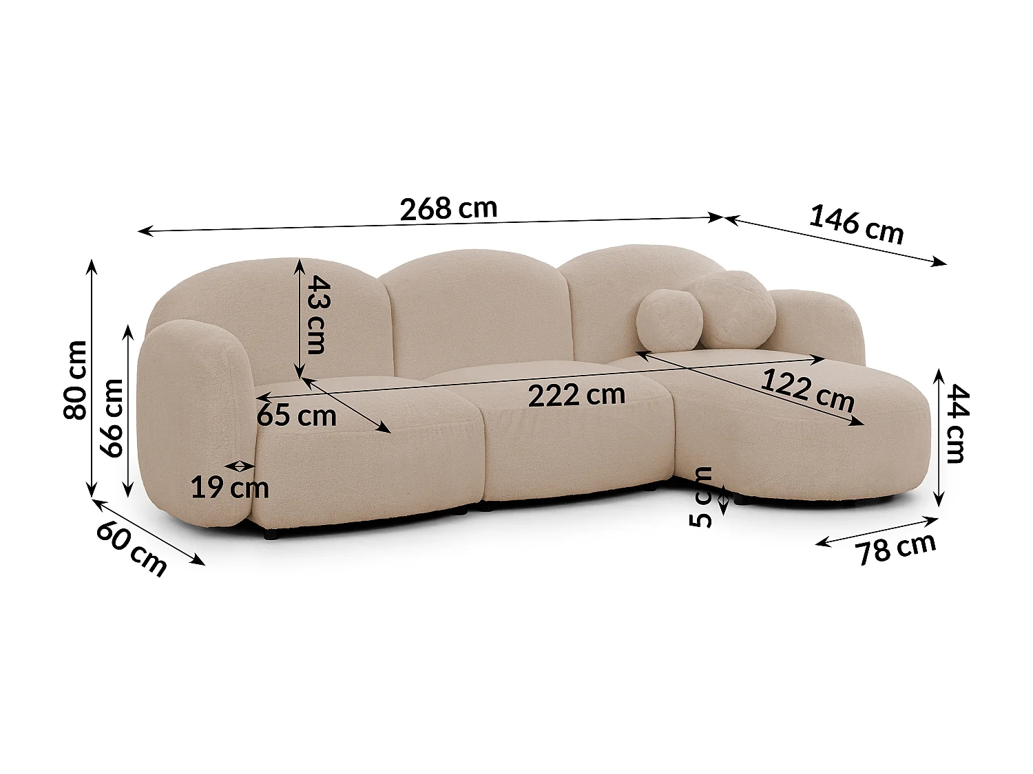 Nuvola - Moderne Ecksofa L-Form aus Hellbeige Bouclé-Stoff mit abgerundetem Design und hohem Sitzkomfort
