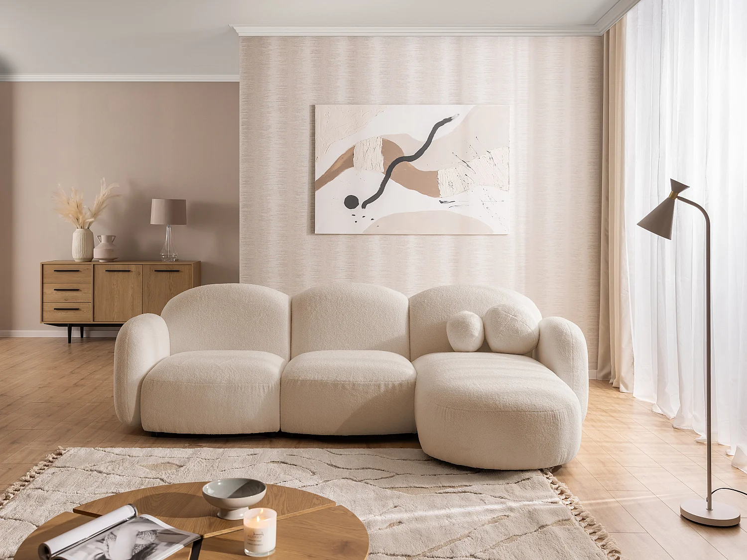Nuvola - Moderne Ecksofa L-Form aus Hellbeige Bouclé-Stoff mit abgerundetem Design und hohem Sitzkomfort