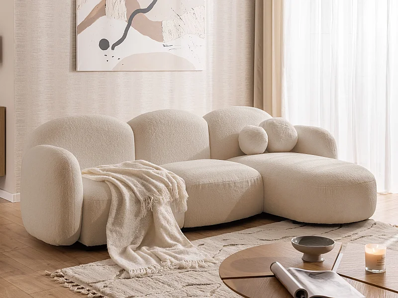 Nuvola - Moderne Ecksofa L-Form aus Hellbeige Bouclé-Stoff mit abgerundetem Design und hohem Sitzkomfort