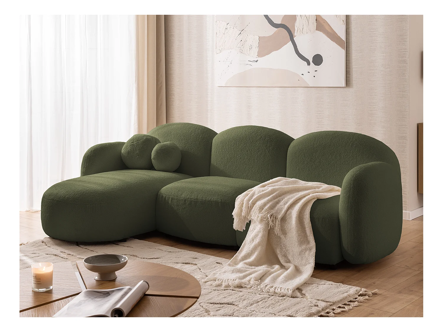 Nuvola - Moderne Ecksofa L-Form aus Grün Bouclé-Stoff mit abgerundetem Design und hohem Sitzkomfort