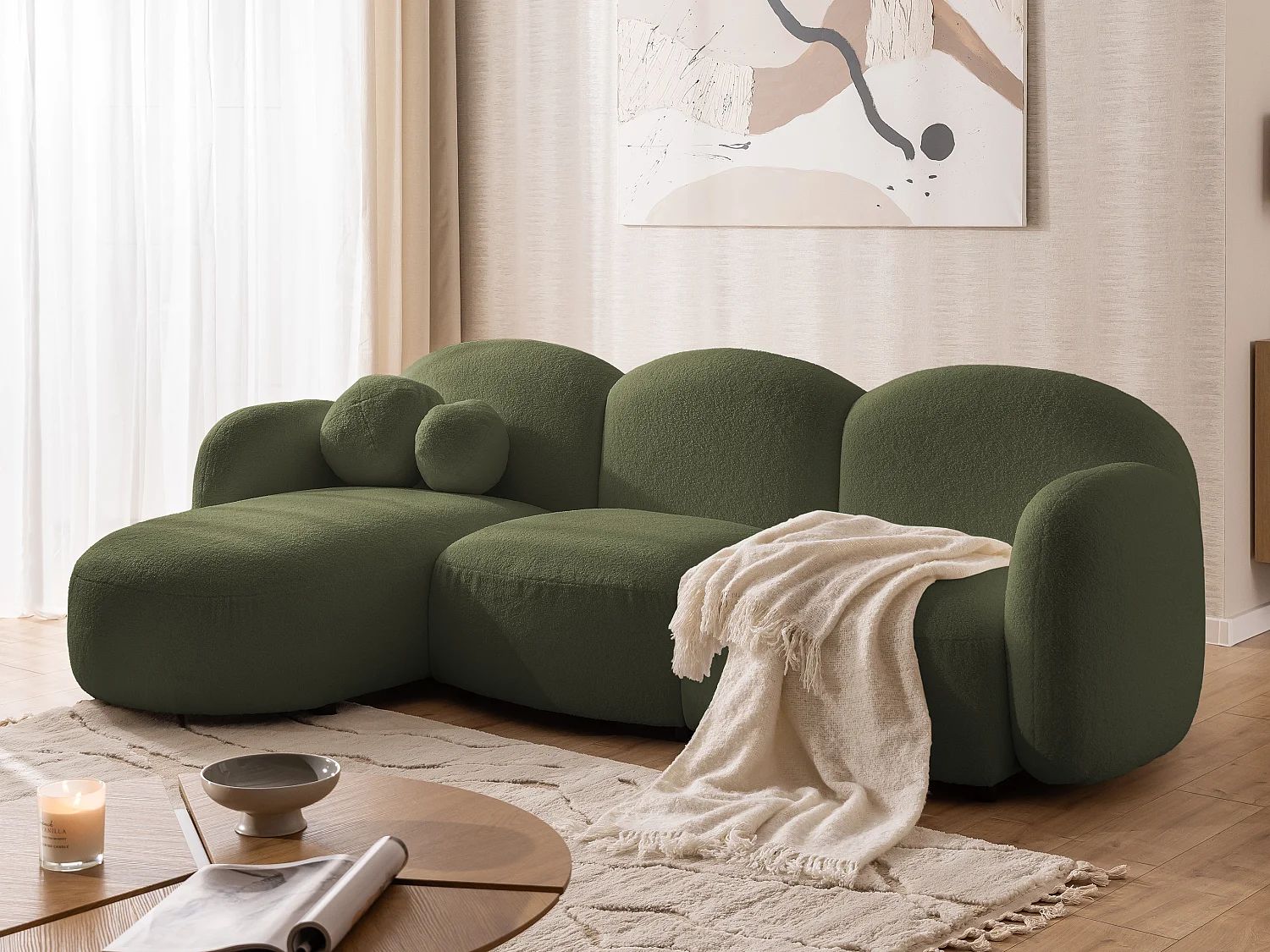 Nuvola - Moderne Ecksofa L-Form aus Grün Bouclé-Stoff mit abgerundetem Design und hohem Sitzkomfort