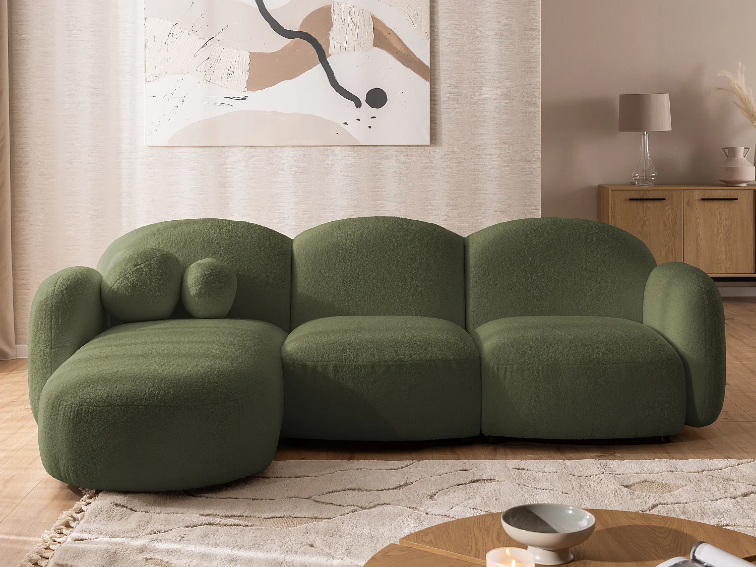 Nuvola - Moderne Ecksofa L-Form aus Grün Bouclé-Stoff mit abgerundetem Design und hohem Sitzkomfort