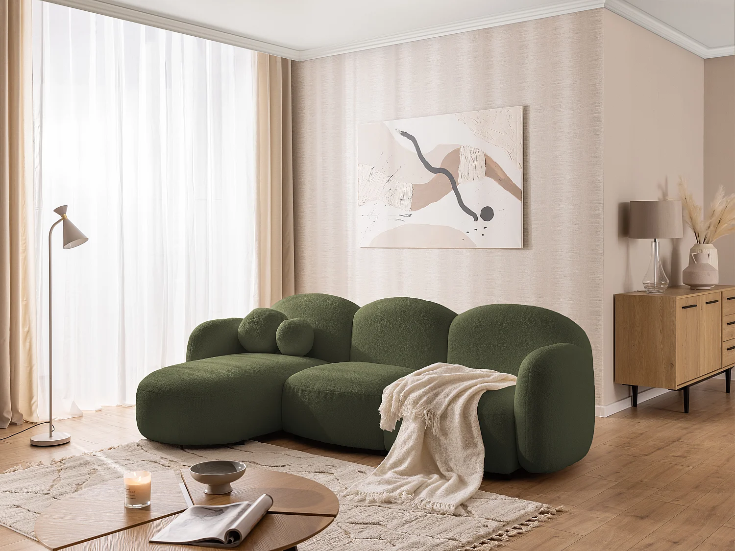Nuvola - Moderne Ecksofa L-Form aus Grün Bouclé-Stoff mit abgerundetem Design und hohem Sitzkomfort