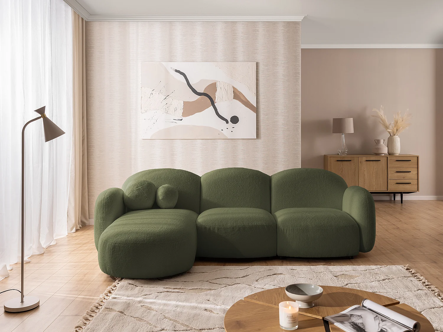 Nuvola - Moderne Ecksofa L-Form aus Grün Bouclé-Stoff mit abgerundetem Design und hohem Sitzkomfort