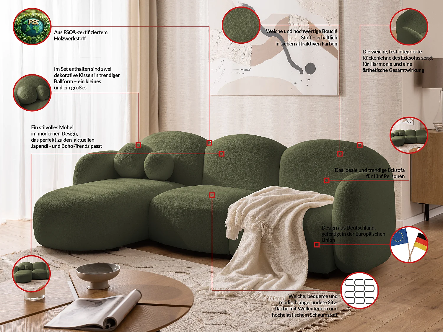Nuvola - Moderne Ecksofa L-Form aus Grün Bouclé-Stoff mit abgerundetem Design und hohem Sitzkomfort