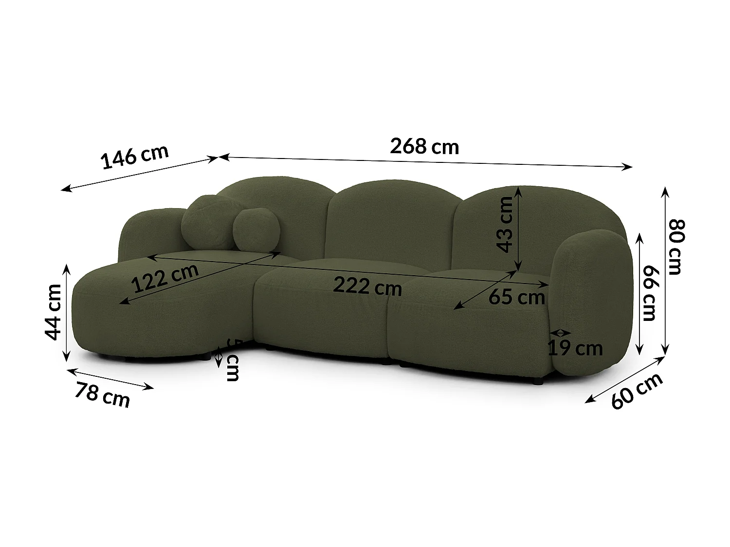 Nuvola - Moderne Ecksofa L-Form aus Grün Bouclé-Stoff mit abgerundetem Design und hohem Sitzkomfort