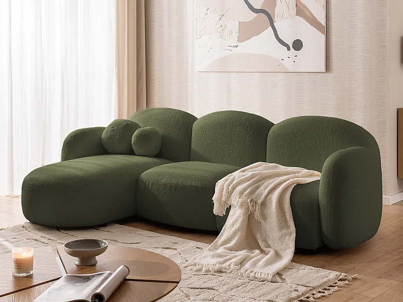Nuvola - Moderne Ecksofa L-Form aus Grün Bouclé-Stoff mit abgerundetem Design und hohem Sitzkomfort