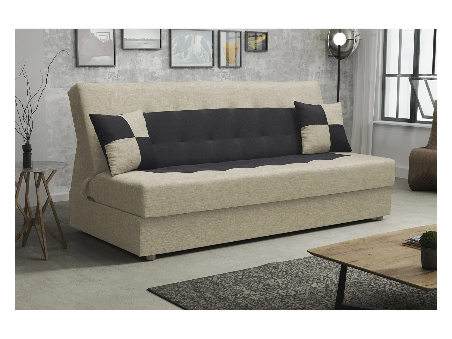 BEDANTE BANK POLO met slaapfunctie SAWANA 00+14 Beige/Zwart – Bank met opbergruimte, bedkist, woonkamerbank, bank, slaapbank, bank met opbergkist, bedbank