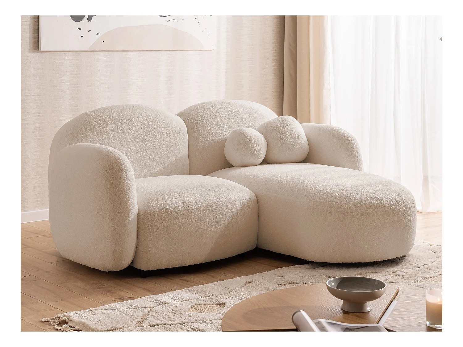 Nuvola - Moderne Ecksofa L-Form aus Hellbeige Bouclé-Stoff mit abgerundetem Design und hohem Sitzkomfort