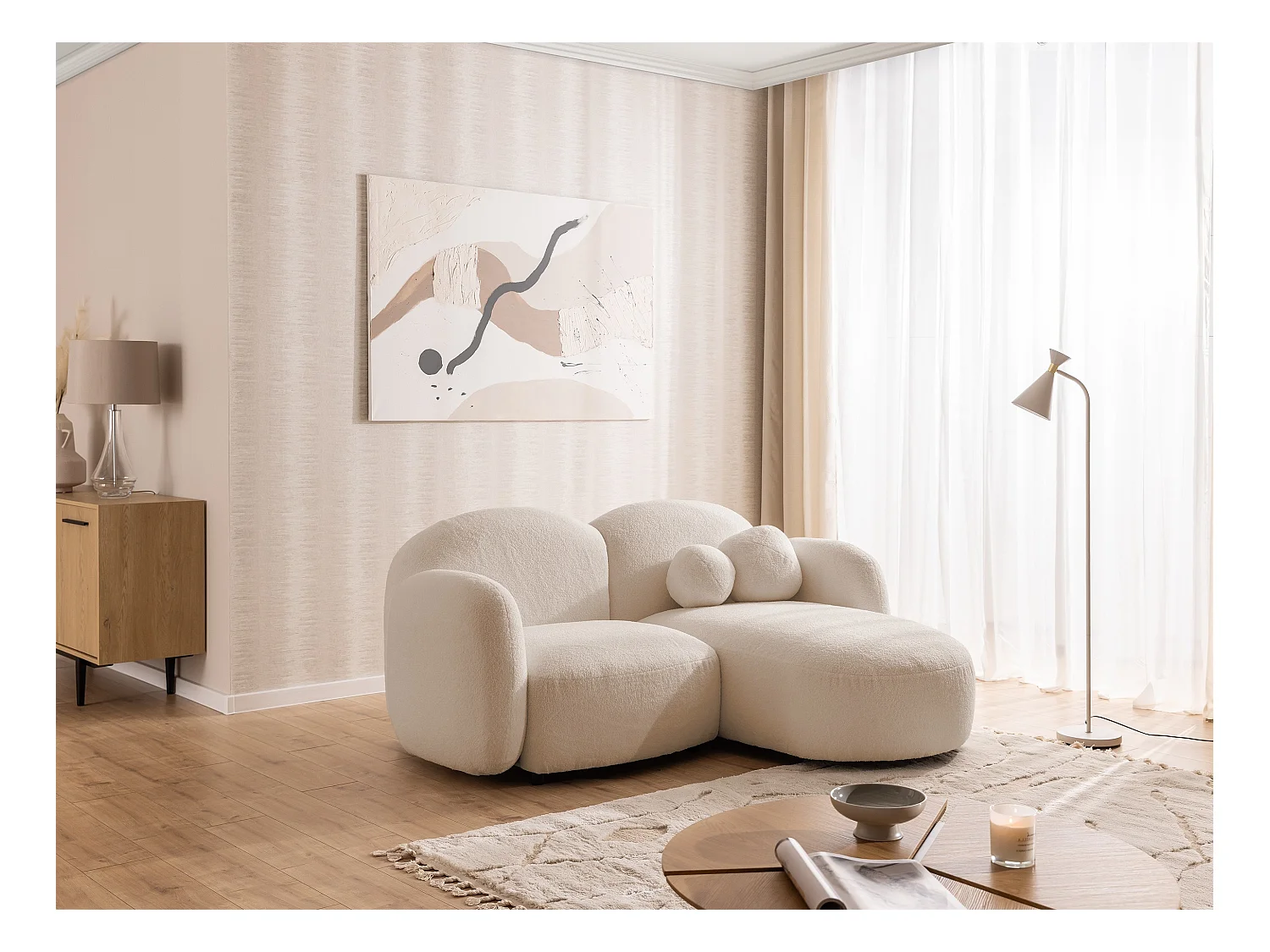 Nuvola - Moderne Ecksofa L-Form aus Hellbeige Bouclé-Stoff mit abgerundetem Design und hohem Sitzkomfort