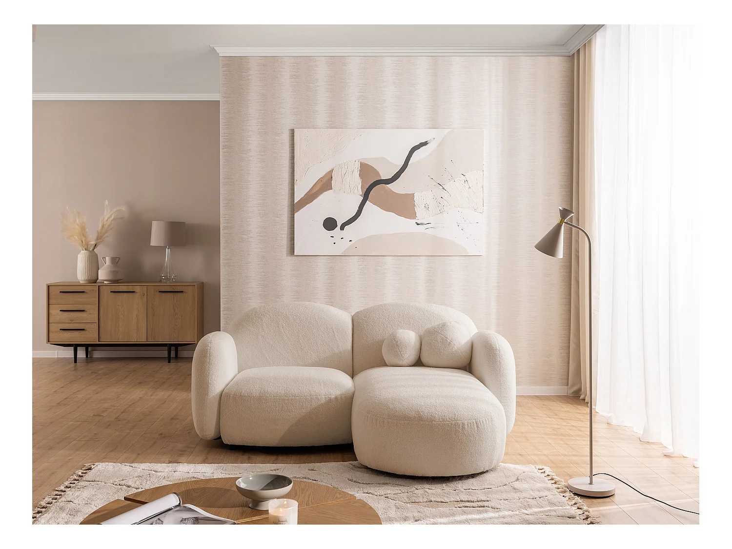 Nuvola - Moderne Ecksofa L-Form aus Hellbeige Bouclé-Stoff mit abgerundetem Design und hohem Sitzkomfort