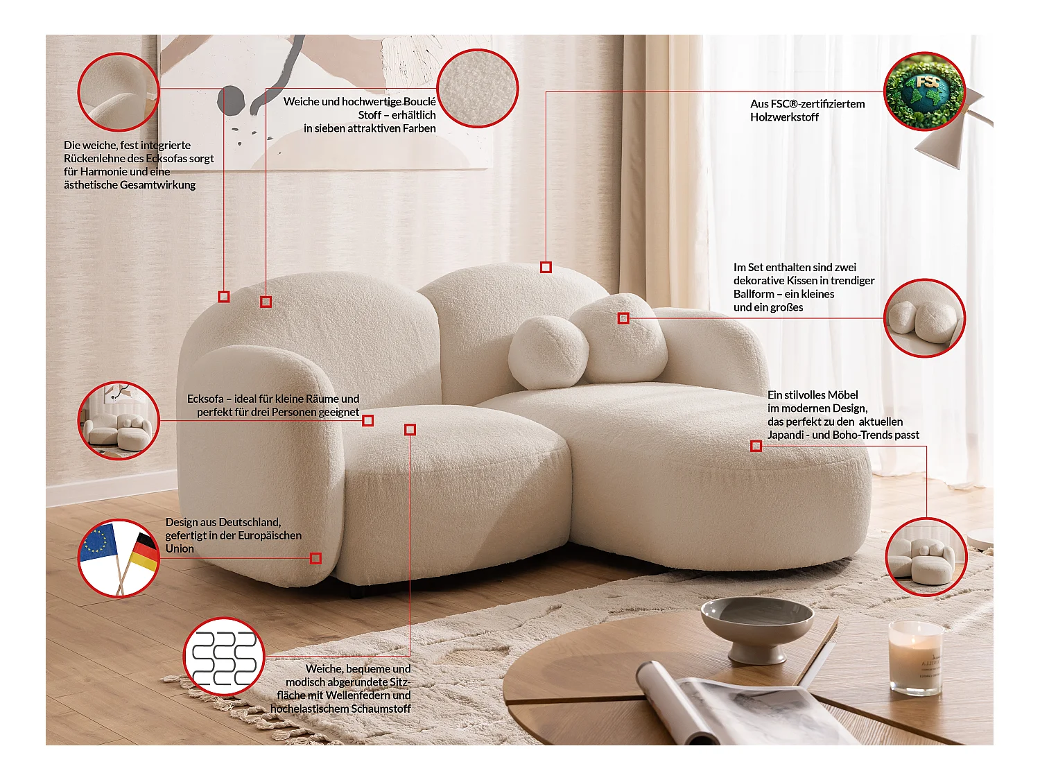 Nuvola - Moderne Ecksofa L-Form aus Hellbeige Bouclé-Stoff mit abgerundetem Design und hohem Sitzkomfort