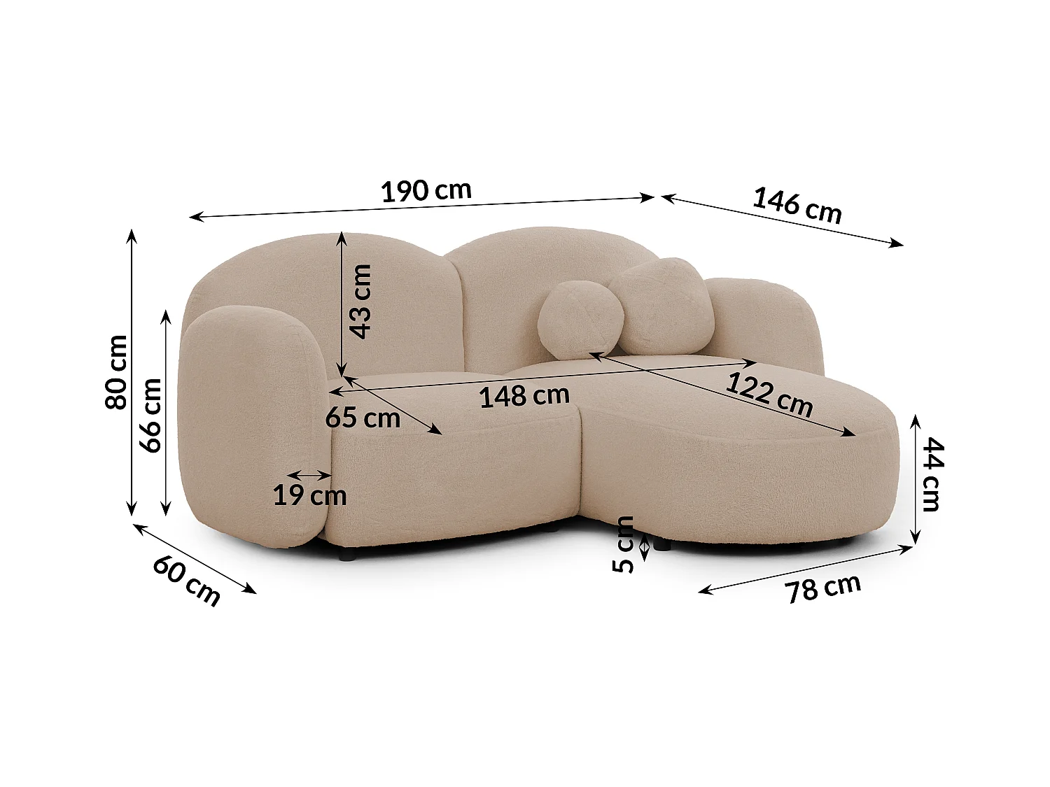 Nuvola - Moderne Ecksofa L-Form aus Hellbeige Bouclé-Stoff mit abgerundetem Design und hohem Sitzkomfort