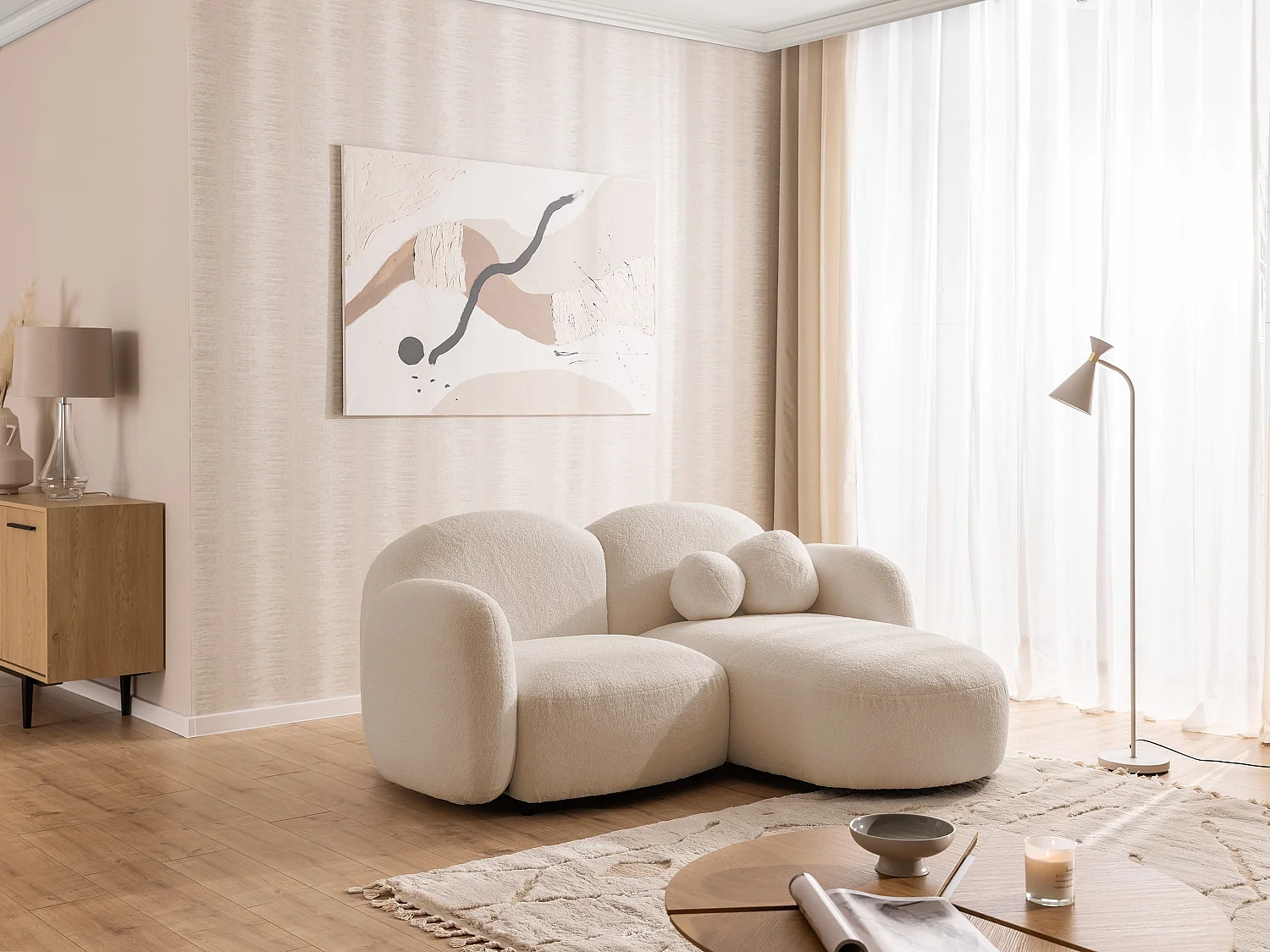 Nuvola - Moderne Ecksofa L-Form aus Hellbeige Bouclé-Stoff mit abgerundetem Design und hohem Sitzkomfort