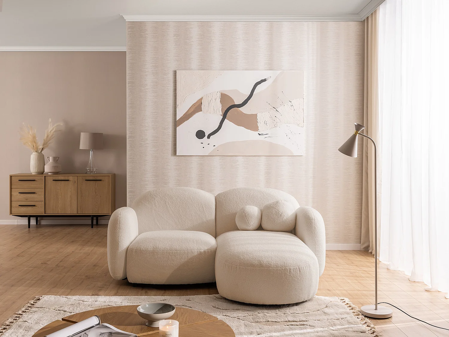 Nuvola - Moderne Ecksofa L-Form aus Hellbeige Bouclé-Stoff mit abgerundetem Design und hohem Sitzkomfort