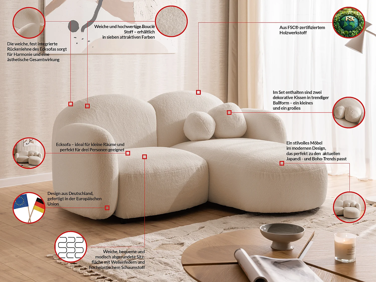 Nuvola - Moderne Ecksofa L-Form aus Hellbeige Bouclé-Stoff mit abgerundetem Design und hohem Sitzkomfort