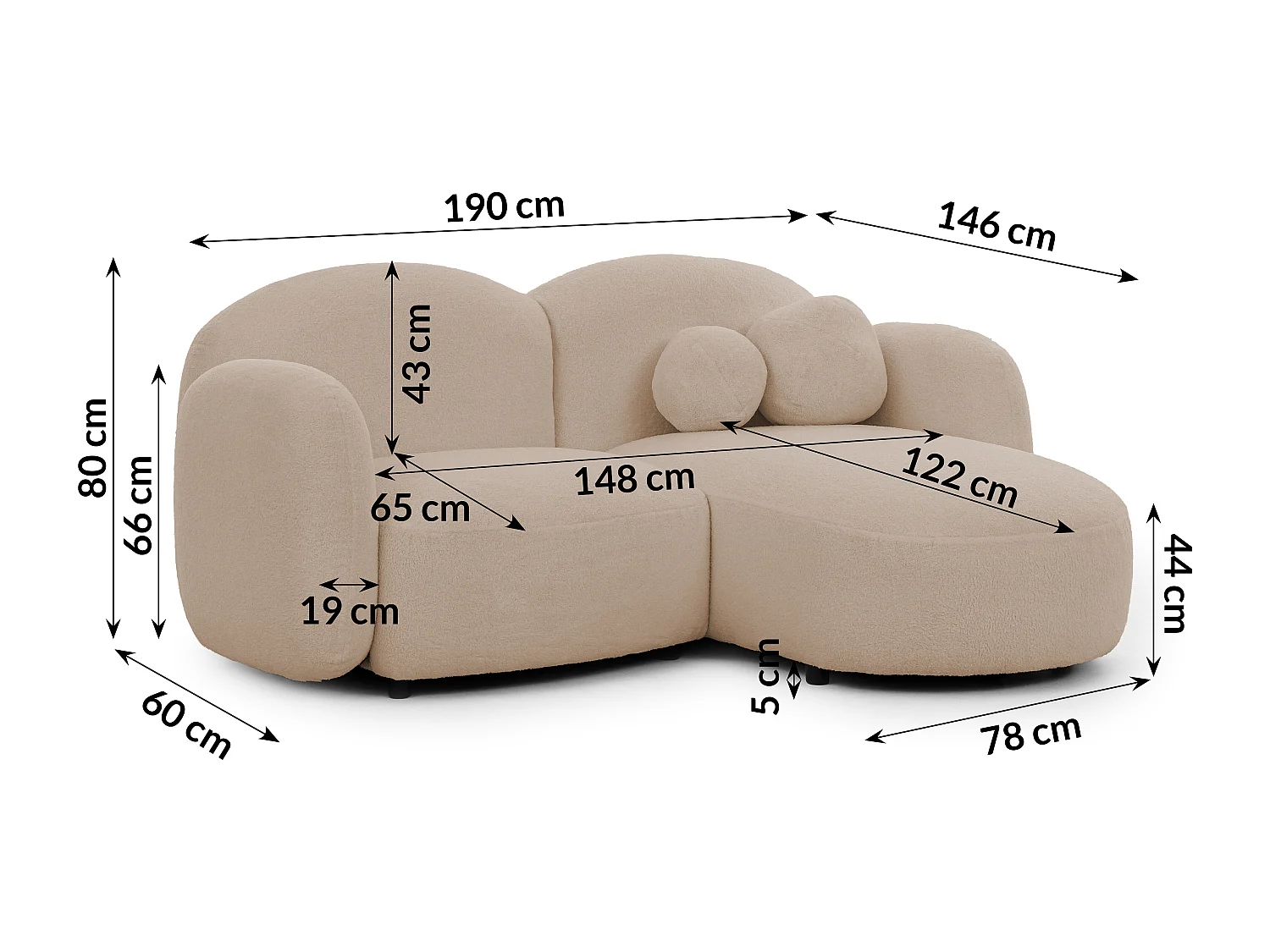 Nuvola - Moderne Ecksofa L-Form aus Hellbeige Bouclé-Stoff mit abgerundetem Design und hohem Sitzkomfort